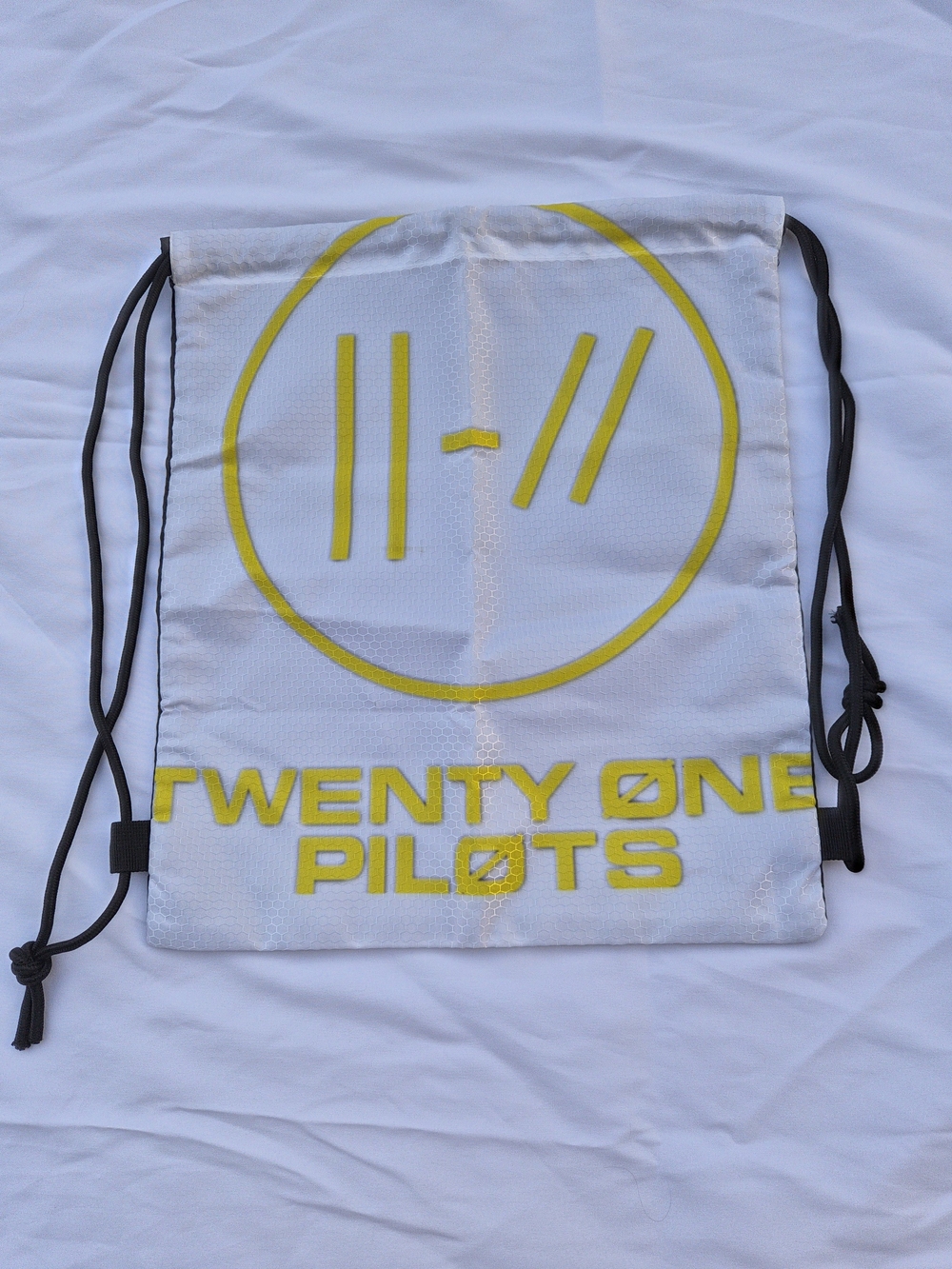 Twenty One Pilots Drawstring Backpack in White and Yellow